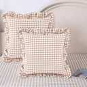 Kathfly 2 Pcs Taupe/White Plaid Ruffle Throw Pillow Covers Farmhouse Checkered 20'' x 20'' Washed Cotton Pillowcases Couch Gingham Pillow Shams for Living Room Bed, No Inserts