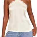 Women Satin Lace Cami Top Y2K Silk Sleeveless Halter Tank Top Going Out Backless Crop Tops Beach Streewear (Beige) - Small