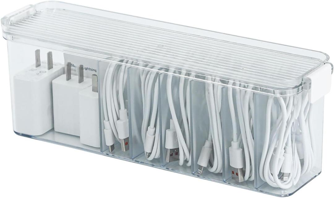 Yesesion Plastic Cable Organizer Box with 7 Compartments, Clear Cords Storage Case for Desk Drawer Accessories, Phone Charger, Art Crafts, Stationery Holder for Marker Pen, Pencils, Crayons