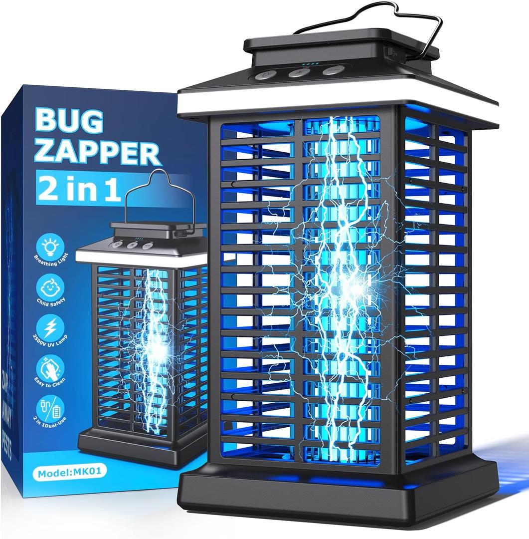 Bug Zapper Outdoor, Mosquito Zapper 2 in 1 Portable & Rechargeable Bug Zapper Outdoor with 4000mAh Battery & LED Night Light, 4000V Electric Fly Zapper for Outside,Patio,Backyard,Garden (Black)
