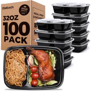 100 Pack (200-Piece)32 oz Meal Prep Containers,2-Compartment Reusable Food Storage Containers with Lids,Microwave Freezer Dishwasher Safe,Sturdy Leakproof&BPA Free Bento Box for To Go Take Out
