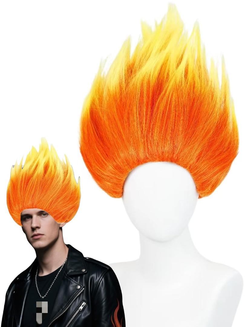Half and Half Flame Fire Wig Emotion Heat Wigs Short Gradient Orange Costume Wig Synthetic Hair for Unisex Halloween Party