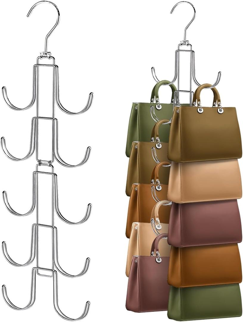 Purse Organizer for Closet, Upgraded Purse Hanger with 10 Big Hooks, 360 Degree Rotation for Better Organizer&Display, Collapsible Space Saving Hangers Rack for Handbag, Belt, Scarve, Tie (Silver)