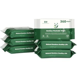 Bamboo Flushable Wipes,Septic Safe,Soft, Soothing Botanicals & Aloe, Unscented,Eco Friendly, Natural Brown Bamboo-Pulp Based Flusable Wipes for Women/kids/Adults 360Count (6 Packs of 60)