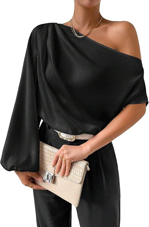 OYOANGLE Women's Asymmetrical Neck Long Lantern Sleeve Ruched Blouse Work Office Top XL