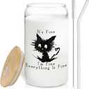 It's Fine I'm Fine Glass Cup Funny Sarcastic Cat Glass Coffee Cup With Lids And Straws 14oz,Cat Lover Gifts