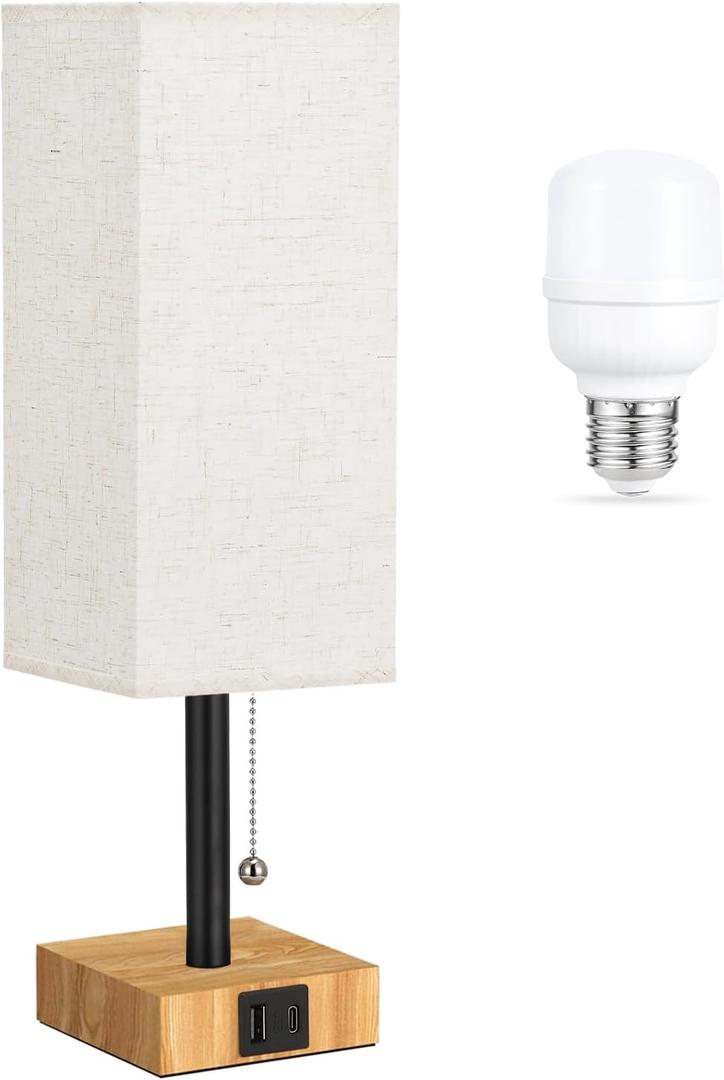 aooshine Beige Small Table Lamp for Bedroom - 3 Color Temperature 3000K 5000K 4000K Bedside Lamp, Pull Chain Control, USB A and C Ports, Wood-Grain Base, Bulb Included