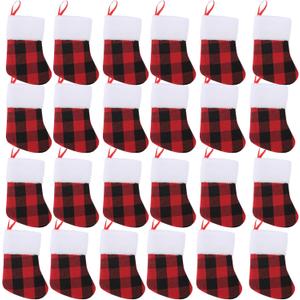 Mini Christmas Stockings 7 inch 24pcs, Buffalo Plaid Christmas Stockings, Christmas Hamging Ornaments (Red)