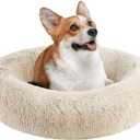 Friends Forever Calming Dog Bed for Medium Dogs, Donut Medium Pet Bed, 30 Inches Memory Foam Orthopedic Dog Bed with Fluffy Plush Faux Fur, Machine Washable, Serena Tan, 30"x23"x6.5"