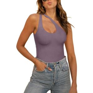REORIA Butsmooth Women's Trendy Sexy Plunge One Shoulder Sleeveless V Backless Going Out Tank Bodysuits Tops Large