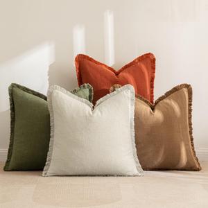 MIULEE Linen Pillow Covers 18x18 Inch Decorative Throw Pillows with Fringe Pack of 4 Soft Farmhouse Boho Couch Pillows Home Decors for Sofa Cushion Living Room Bed Brown Green (18" x 18" (Pack of 4))