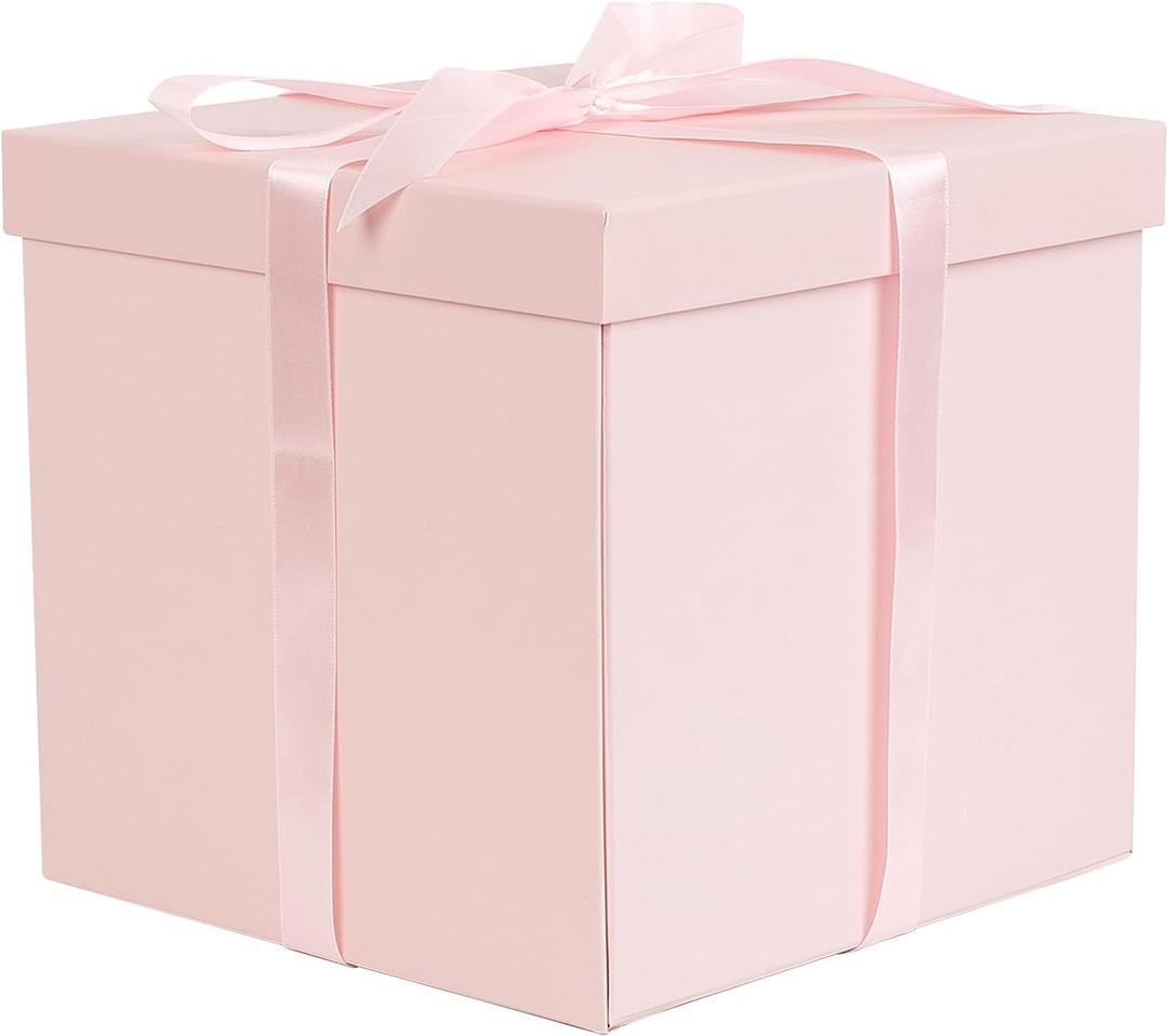 Jaywayang 10" Large Gift Box with Lid and Ribbon, Pink Gift Box with Paper Filler for Birthday, Wedding, Mother's Day, Anniversarry Presents Wrapping.