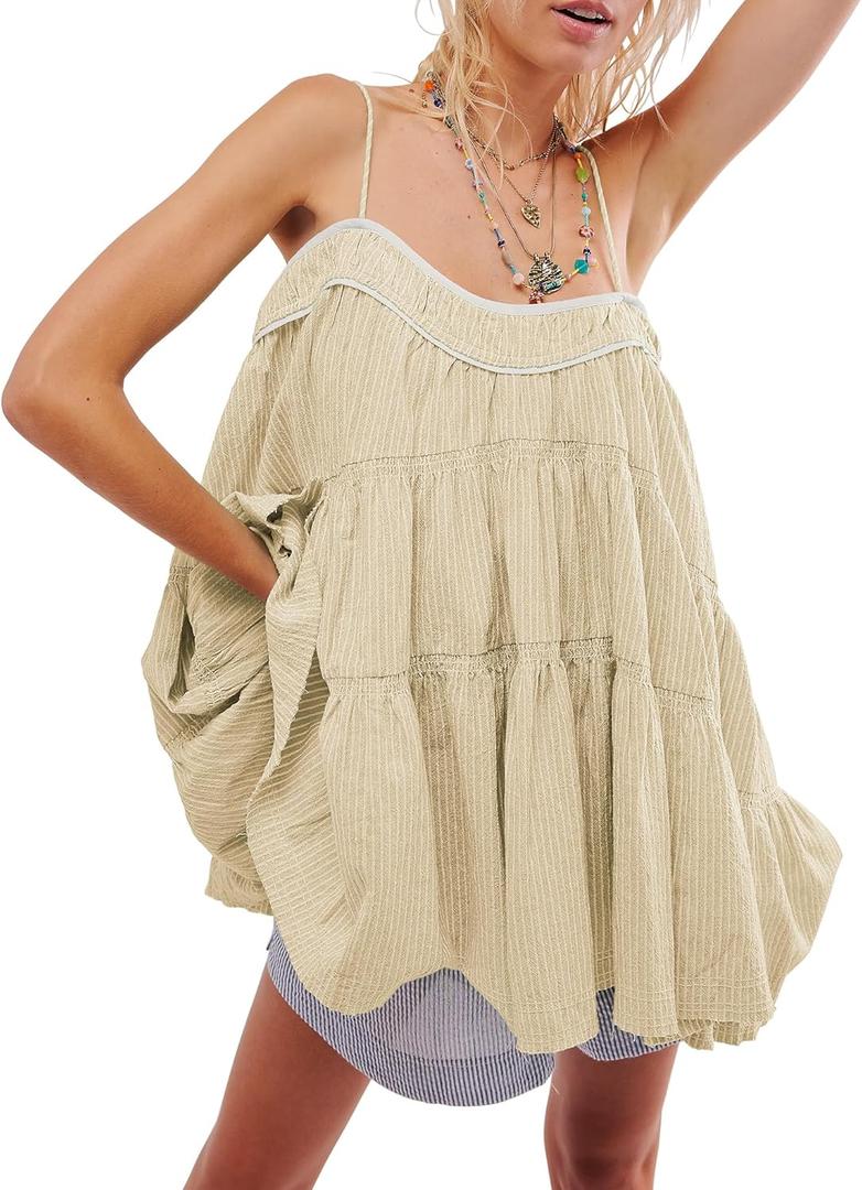 Gacaky Women's Summer Mini Dress Casual Loose Sleeveless Adjustable Straps Swing Mini Dress (Large, Khaki)