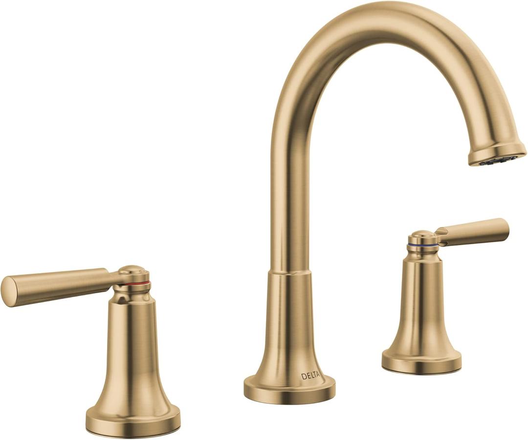 Delta Saylor Brushed Gold Bathroom Faucet 3 Hole, 8 Inch Widespread Bathroom Sink Faucet for Vanity, Metal Push-Pop Drain Assembly, Champagne Bronze 3535-CZMPU-DST