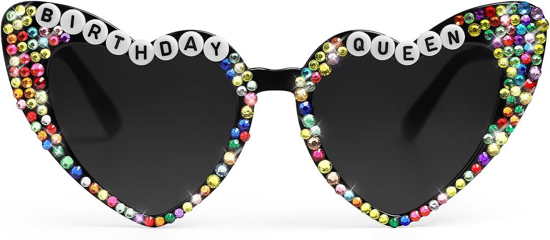 Etercycle Heart Shaped Sunglasses, Birthday Queen Black Heart Sun Glasses Birthday Gift, Colorful Diamond Love Glasses for Women Cute Birth Day Decorations