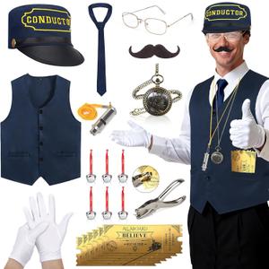 21 Pcs Train Conductor Costume Adult, Conductor Hat Vest Whistle, Believe Bells Train Pocket Watch Christmas Holiday Sticker