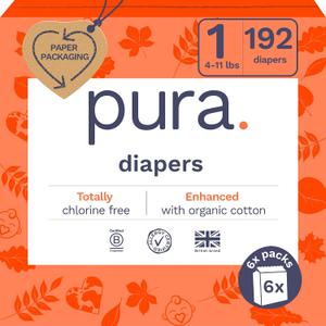 Pura Hypoallergenic Diapers, Size 1 (4-11 lbs), Monthly Pack, Totally Chlorine Free, Wetness Indicator, Suitable for Sensitive Skin, Soft Cotton Comfort, Overnight, 6 Packs of 32 (192 Baby Diapers)
