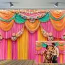 7 x 5 ft Indian Backdrop India Religious Colorful Curtain Flower Decorations for Home Traditional Diwali Pooja Backdrop Mehndi Religious Festival Wedding Bridal Shower Party Photo Banner Supplies (Pink)