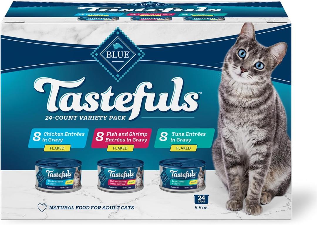 Blue Buffalo Tastefuls Flaked Wet Cat Food Variety Pack, Made with Natural Ingredients, Tuna, Chicken, Fish & Shrimp, 5.5-oz Cans (24 Count, 8 of Each), BBD 03/24/2028