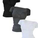 GORGLITTER Women's 3 Pack Ribbed Knit Textured Henley Shirt Sets V Neck Half Button Scoop Neck Short Sleeve Tee Tops (Black Grey White), Small