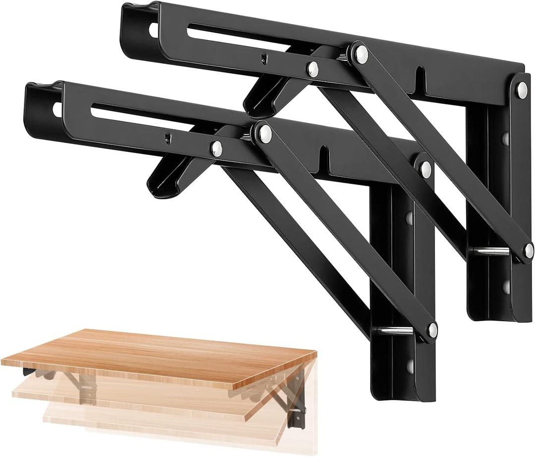 Ravinte 2 Pack 10 Inch Folding Shelf Brackets  Matte Black, Heavy Duty Collapsible Brackets for Tables and Benches  Space-Saving Design