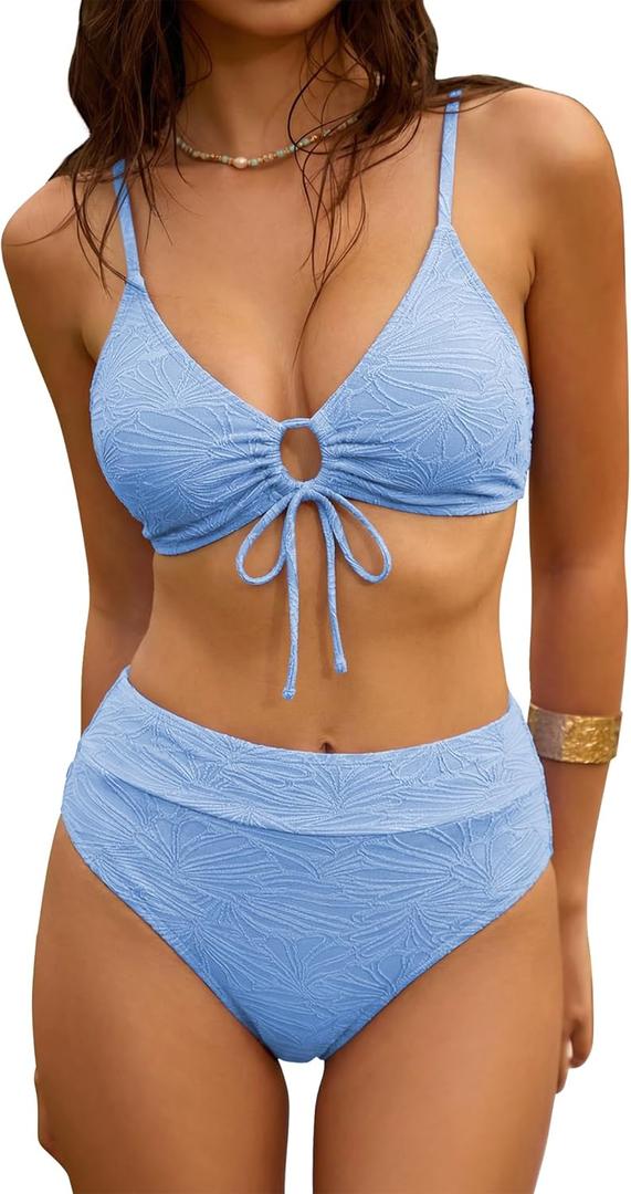 ZAFUL Bikini Sets for Women String 2 Piece Swimsuits High Waisted Bathing Suit V Neck Cut Out Swimwear Sky Blue, Large