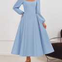 ZESICA Women's Long Sleeve Midi Dresses 2026 Fall Square Neck Swing A Line Wedding Guest Evening Prom Dress (Blue, L)