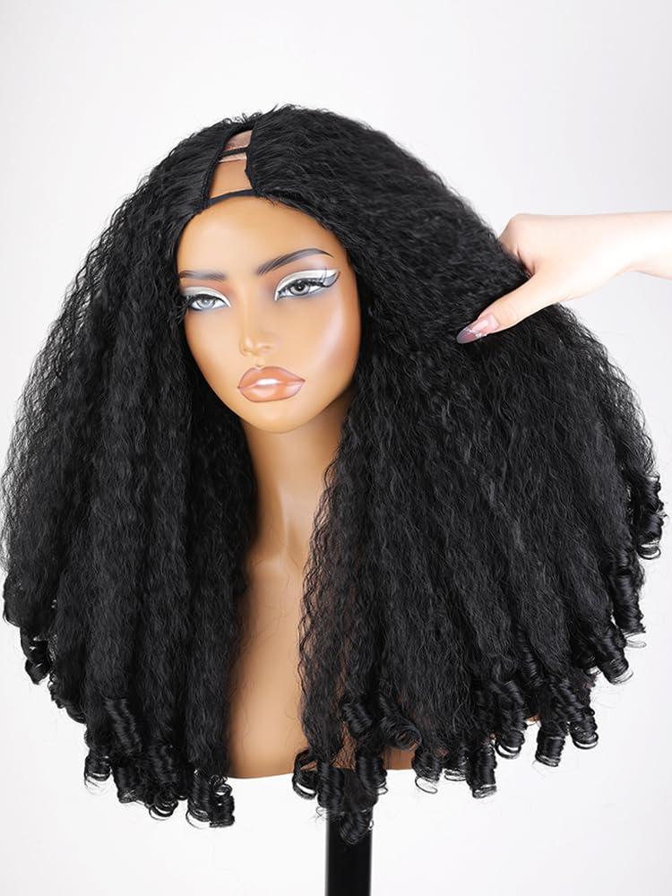 Black Afro Curly V Part Wig Synthetic Braided Hair Texture with Unique Bouncy Curls in the End 20 Inch Soft Curly Full Hair V Part Wigs Synthetic for Black Women No Leave out Clip in Half Wig