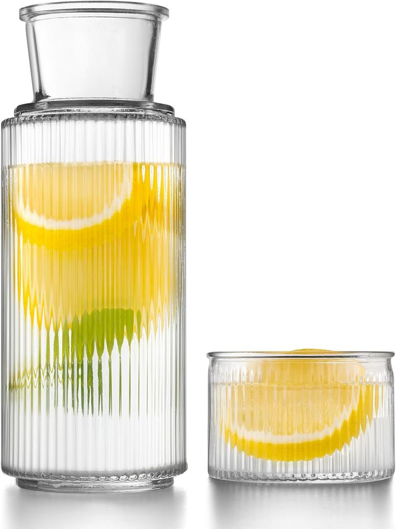 Bedside Water Carafe and Glass Set, Classic Vertical-Striped 27oz Glass Carafe with 7.1oz Tumbler Lid, Nightstand Water Pitcher, Bathroom Mouthwash Dispenser, Elegant Gift for Home & Office (Clear)