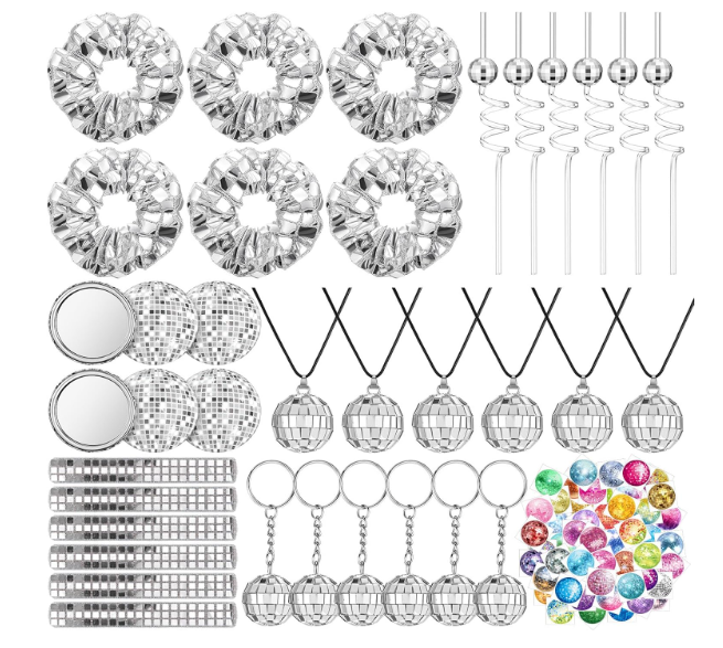 86 Pcs Adult Disco Ball Party Favors Kit Keychains, Necklace, Sequin Scrunchies, Ball Straws, Glitter Mirrors, Slap Bracelets and 50 Disco Stickers for Retro 70s 80s 90s Party Bachelorette
