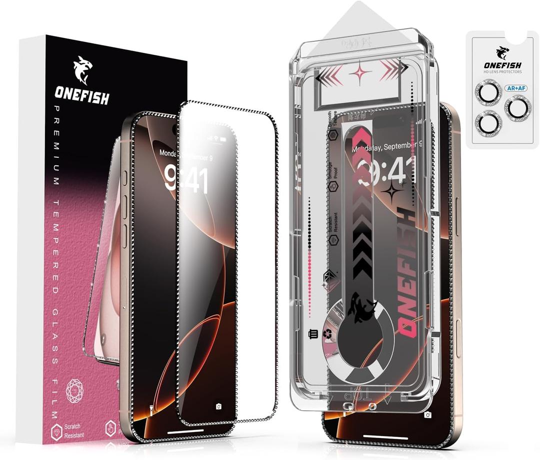 OneFish Screen Protector for iPhone 14 Pro Max with Camera Lens Protector, Diamond Bling Full Edge Coverage, HD Clarity Tempered Glass Film with Installation Frame, 9H Glass Scratch Resistant