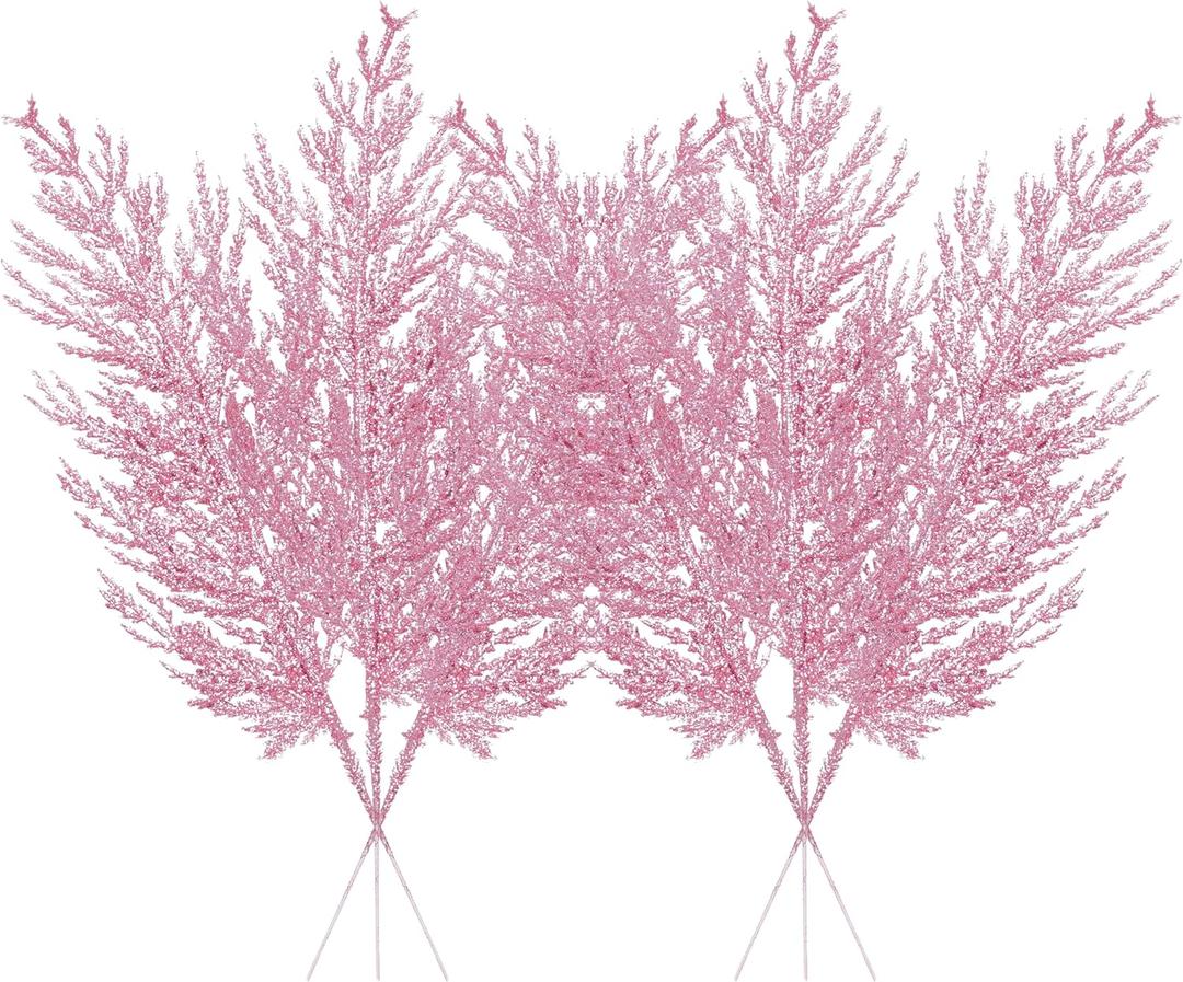 Christmas Glitter Stems 24pcs Artificial Pine Tree Picks for Christmas Tree Ornaments fillers, DIY Xmas Wreath, Crafts, Garland, Holiday, Party, Wedding and Home Decoration (Pink)