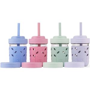 Elk and Friends Kids + Toddler Glass Cups | The Original 8oz Glass Mason Jar with Sleeves + Lids | Silicone Straws + Stopper | Smoothie Cup | Food Storage | Spill Resistant | Dishwasher Safe | 4 Pack (Sage/Blush/Lilac/MistyBlue)