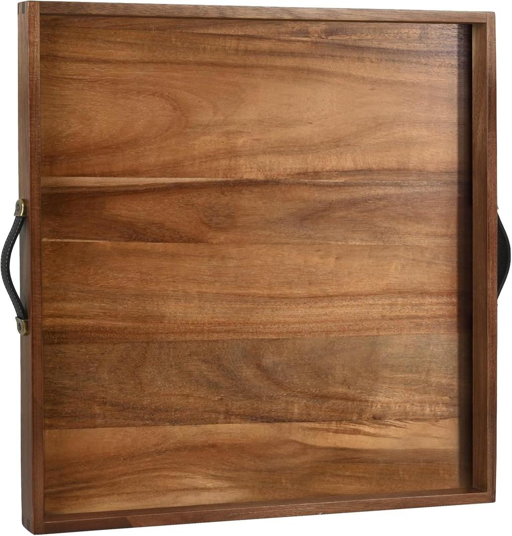 Extra Large Square Ottoman Tray for Living Room Coffee Table 21 x 21 Inch Decorative Acacia Wooden Serving Tray with Leather Handles for Breakfast in Bed Dinner Food TV (Color Natural)