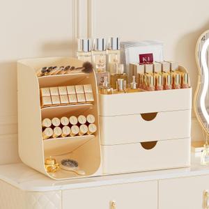 Makeup Organizer with Drawers, Large Capacity Countertop Organizer for Vanity, Bathroom and Bedroom Desk Cosmetics Organizer, Easy To Storage Skincare,Brushes, Eyeshadow,Lipstick (All Cream) (Medium)