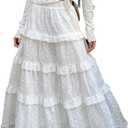 White Lace Maxi Skirts for Women Fashion A-Line High Waist Flowy Ruffle Tiered Boho Long Novelty Skirt (Medium)
