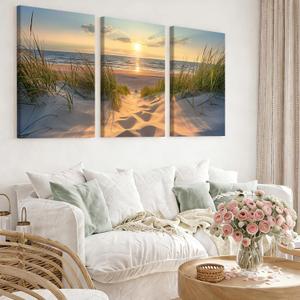 Pennimor 3Pieces Framed Beach Wall Art, Ocean Sunset Wood Wall Decor, Modern Seascape Artwork Printing for Bathroom Bedroom Living Room Home Office Farmhouse 12x16in