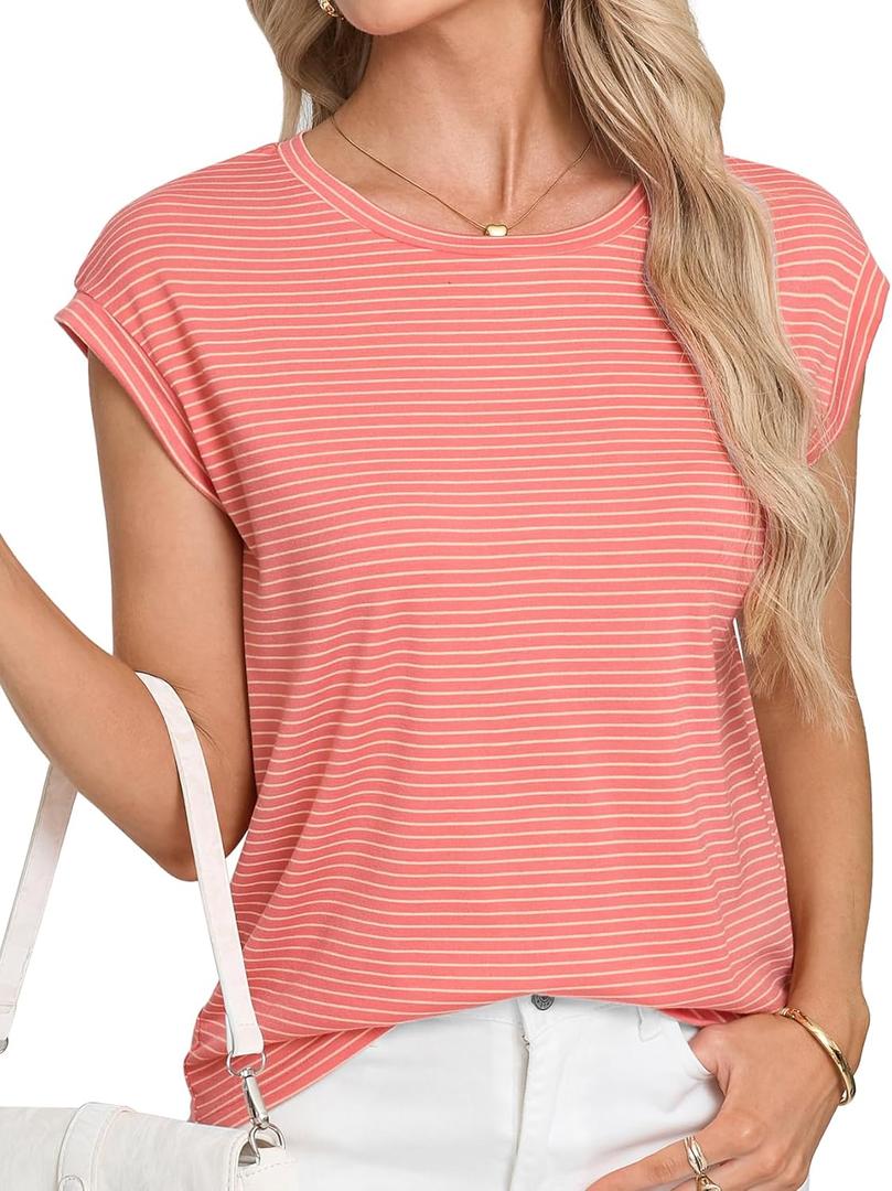 LA BAISEO Womens Casual Cap Short Sleeve Striped Tops Summer Open Back T-Shirts Crew Neck Basic Shirts (US, Alpha, Small, Regular, Regular, Orange)