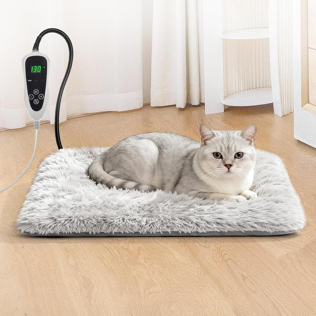 Cat Heating Pad 17 x 13 in with Smart Thermostat Switch and Power Line Protection Tube,Obtained MET and UL Dual Certification,Waterproof Pet Heating Pad for Cats, with Long Velvet Cloth Cover