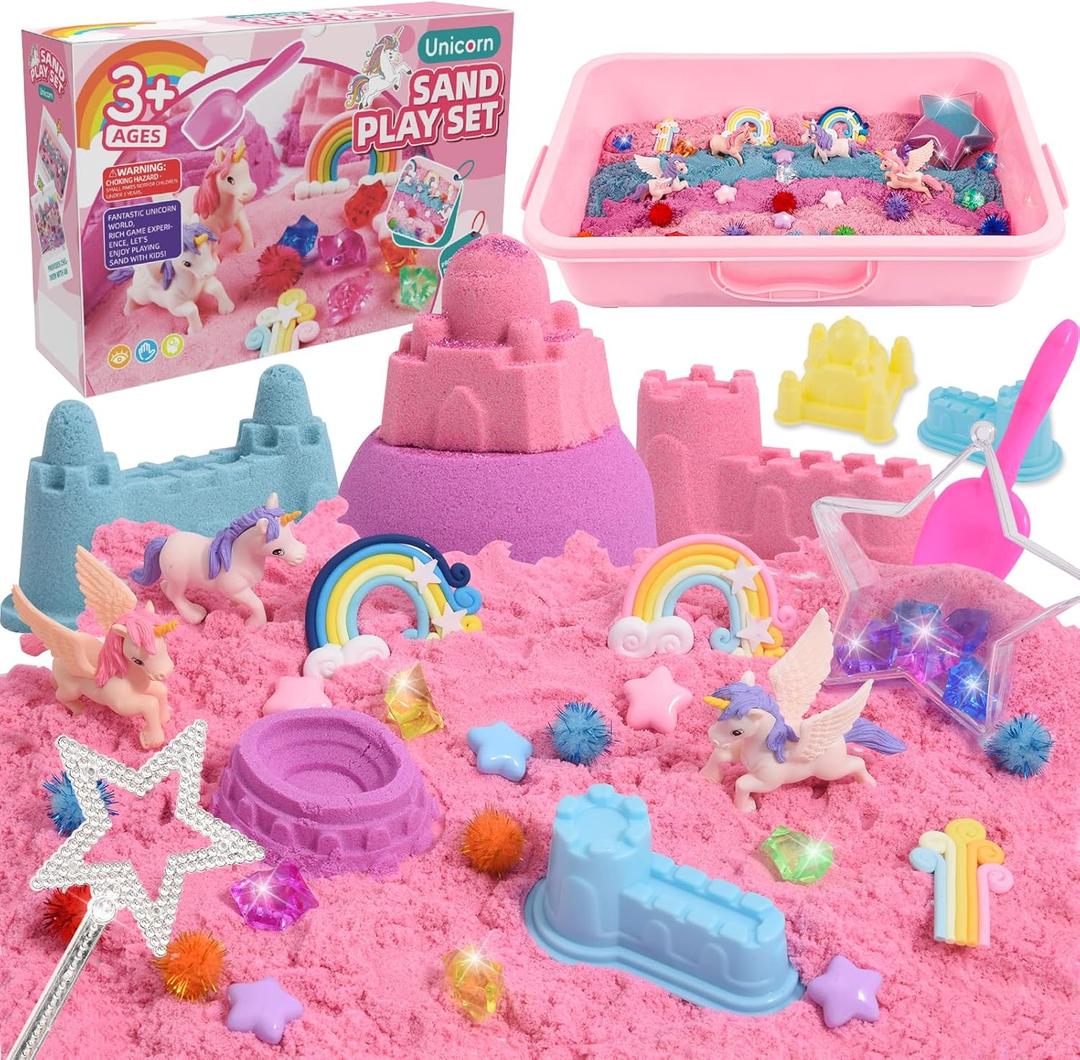 Volmop Unicorn Sensory Bin for Girl, 148pcs Play Sand Art Kit with Sandbox, 3.3lb Color Sand,Unicorn Tactile Sensory Toy for Girl Toddler Ages 3-8 (Pink)