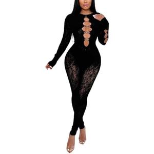 Black Lace Jumpsuits for Women Sexy, Long Sleeve, Cutout Design, Bodycon Fit L/XL