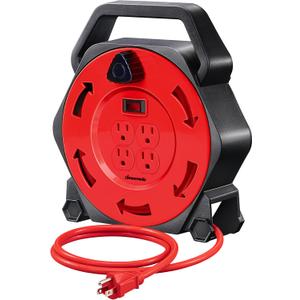 DEWENWILS Extension Cord Reel with 25 FT Power Cord, Hand Wind Retractable, 16/3 AWG SJTW, 4 Grounded Outlets, 13 Amp Circuit Breaker, Red, Red Cord, UL Listed