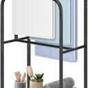 HarJue Towel Racks for Bathroom, 35" H Standing Towel Holder 3 Tier Metal Pool Towel Hanger Outdoor Floor with Storage Shelves for Blanket Bath Towel Drying (Matte Black)