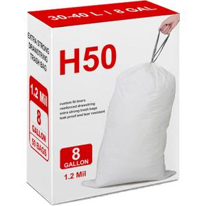 8 Gallon Code H Heavy Duty Trash Bags 1.2 Mil Heavy Duty | Reliable1st Compatible with simpleman Code H | White Drawstring (50 Count) 8 Gallon | 30-40 Liter