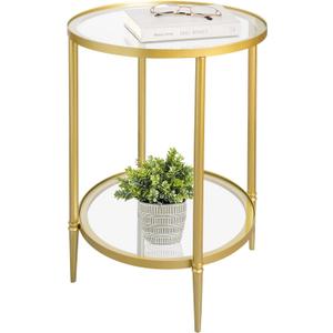 2 Tier Round Side Table, Gold End Table with Glass Top, Modern Metal Clear Coffee Tables, Small Accent Tables for Living Room, Bedroom, 18" x 18"