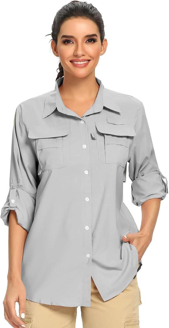 Women's UPF 50 Long Sleeve UV Sun Protection Safari Shirts Outdoor Quick Dry Fishing Hiking Travel Shirts (3X-Large, Grey)