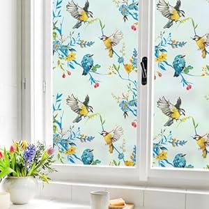 MSUP Window Film Privacy Static Cling Frosted Window Film for Glass Window Anti-UV Window Film Removable No-Glue Film Birds and Flowers Film for Kitchen, Bathroom, Office 35.4" x 78.7" Blue