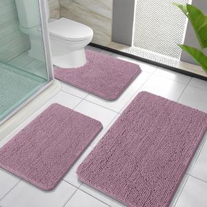 OLANLY Bathroom Rugs Sets 3 Piece, Soft Absorbent Chenille Bath Mats and U-Shaped Contour Toilet Rug, Quick Dry, Home Decor Accessories, Bath Mat Set for Bathroom (30"x20"+24"x16"+24"x20", Deep Plum)
