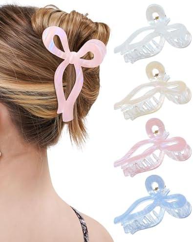 Mesovor 3 Pack Elegant Bow Hair Claw Clips, Nonslip 4.3" Large Hair Grip Hairclips for Thin and Thick | Acrylic Hair Strong Hold Hair Jaw Clamps (Mermaid Stripes)