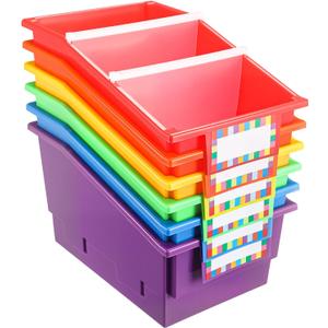Lineshading 6 Pack Picture Book Organizer Bins with Dividers Large Plastic Book Holders with Labels Multi Purpose Classroom Organization Bins Storage Container for Classroom Library(Colorful)